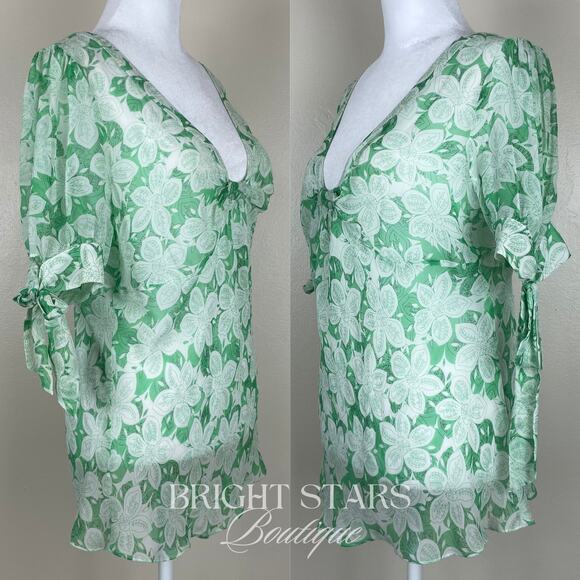 Rare Green Blouse ASO Lorelai Gilmore Girls V-Neck Semi Sheer Floral Pattern - Picture 7 of 10